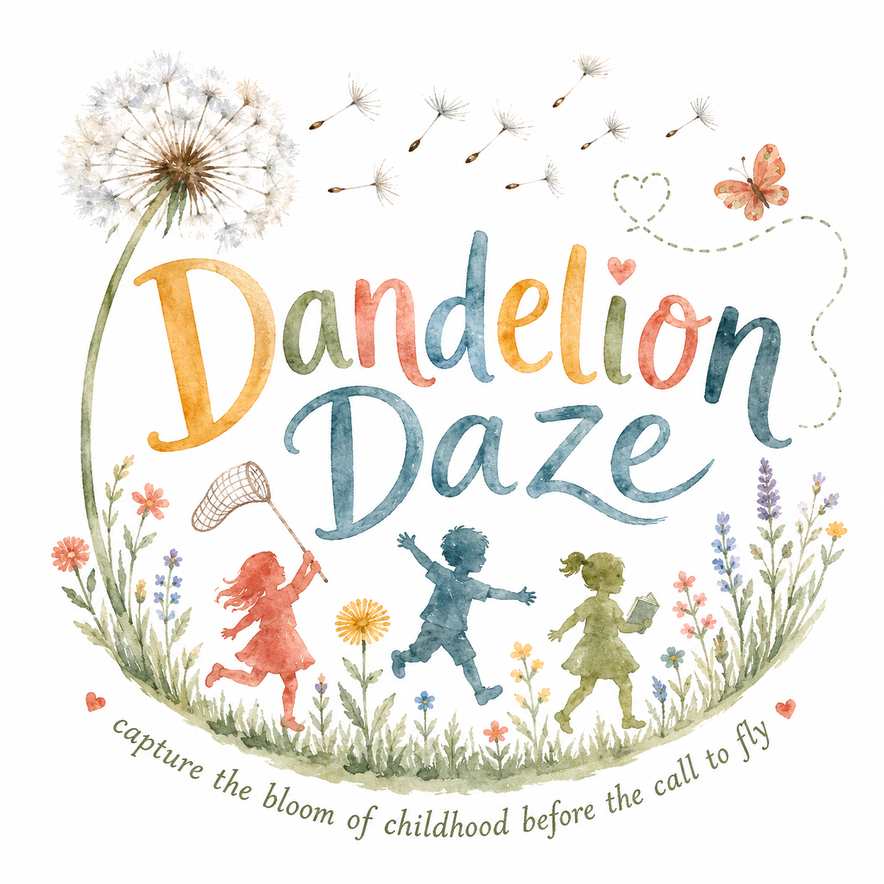 Dandelion Daze — children playing in a wildflower meadow as dandelion seeds drift on the breeze
